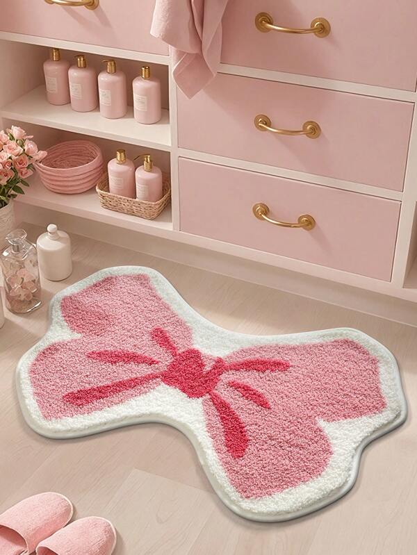 1 Stück süßer rosa Badezimmerteppich, Schleifenform mit weichem geometrischem Muster, extra-dicke und weiche rosa Badezimmermatte für Paare, rutschfester TPR-Boden, saugfähig, leicht zu reinigen, maschinenwaschbar, weich und bequem, für Wohnzimmer, Badezimmer-Waschtisch, Badewanne, Dusche, Waschbecken, Festliche Badezimmer-Dekoration, dick & flauschig