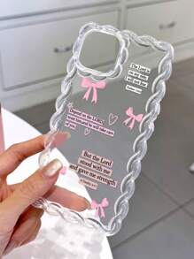 1pc Minimalist Slogan, Pink Bow, Wave Lace Silicone Anti-Drop Transparent Phone Case Compatible With IPhone 11/12/13/14/15 Pro Max Waterproof Shockproof Scratch Resistant