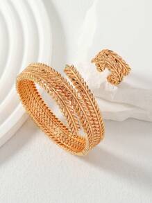 Set de joyería de 2 piezas con brazalete y anillo de aleación de cobre chapado en oro rosa con diseño retorcido de trigo estilo árabe para mujeres