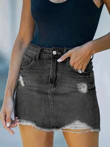 Women's Summer Casual Ripped Frayed Hem Denim  Skirt - 灰色 - 查看 5