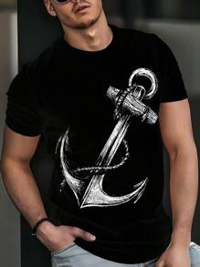 男士3D印花T恤 - 时尚修身短袖休闲上衣，100%涤纶，轻盈面料 - 黑色 - 查看 3