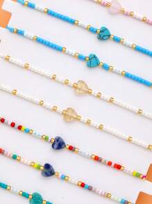 LORRILIA 12 件装 Miyuk 随机彩色珠子天然石心形爱心随机波西米亚风格米珠细手绳送给女孩的最佳礼物守护护身符编织手链家庭共享套装