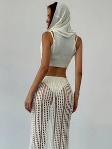 Women's Fashion Hooded Sleeveless Cropped Solid Color Knitted Sweater, European And American Style, Spring/Autumn - White - View 7