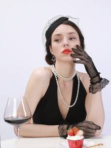 1 Set Bowknot, Faux Pearl & Mesh Bow Decor Elegant Afternoon Tea/Party Accessories, Including Hat, Gloves, Necklace, Suitable For All Seasons - A - View 2