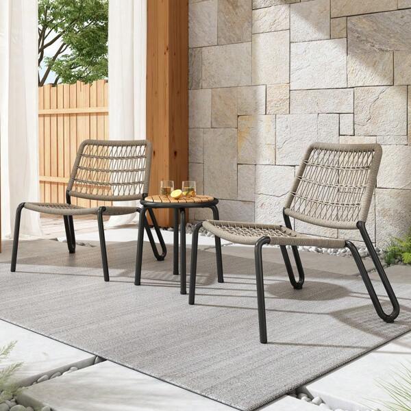 Bistroset 3-tlg. Balkonmöbel-Set aus verzinktem Stahl, handgeflochtenes Seil, Tischplatte aus Massivholz, Stühle mit einer Tragkraft von 160 kg, geeignet für Terrasse, Garten und Balkon, Beige