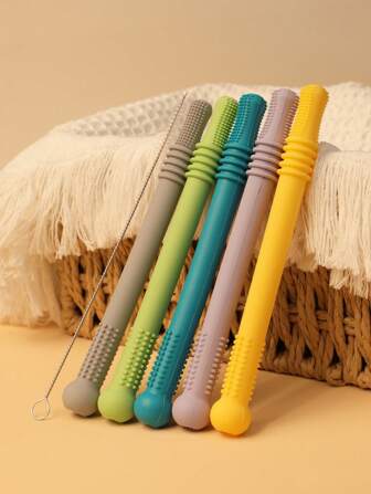 Set de 6 juguetes de dentición para bebés, 5 anillos de dentición y 1 cepillo de limpieza, de material de silicona, para bebés de 3 a 12 meses, aptos para lavavajillas