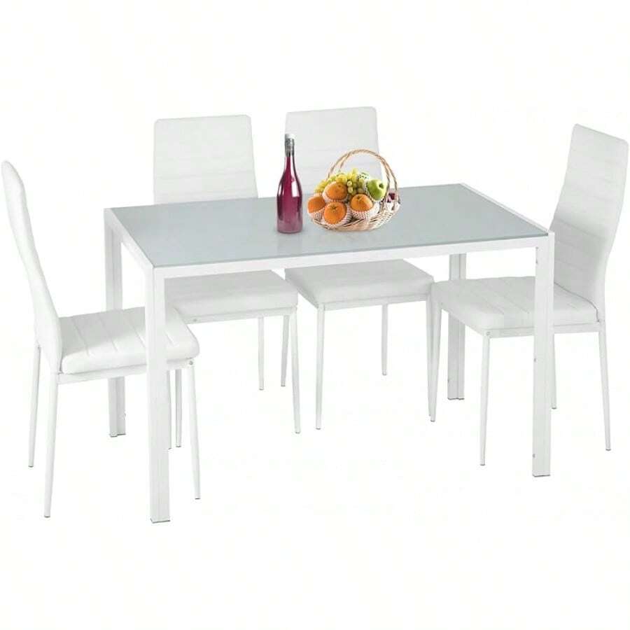 FDW Dining Table Set Glass Dining Room Table Set For Small Spaces Kitchen Table And Chairs For 4 Table With Chairs Home Furniture Rectangular Modern (Black Glass) - White - View 1
