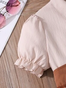 Tween Girl' Solid Color Short Sleeve Collared Waist Bow Mesh Patchwork Dress - Brown - View 4