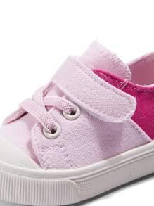 1 Pair Girls Pink Canvas Hook And Loop Strap Casual Flat Shoes, Simple Style Sweet Cute, Comfortable Breathable For Daily Outdoor Activities - Pink - View 4
