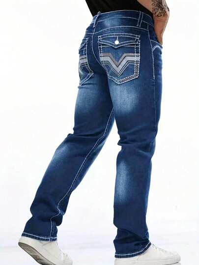 Men's Classic Embroidered Elastic Jeans, Minimalist & Fashionable, Suitable For Summer