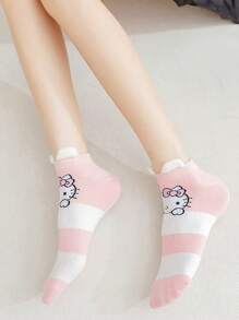 4 pares de calcetines de tobillo para mujer con gráficos de gato de dibujos animados Sanrio, diseño minimalista en color rosa, suaves y transpirables para uso diario