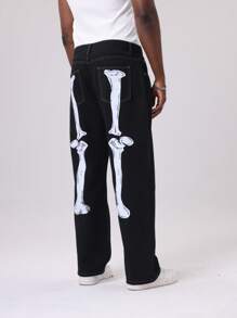 [US Warehouse]Halloween Skeleton Stitched Washing Jean High Street Men's Calf Jeans Straight - 深灰色 - 查看 3