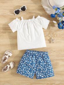 Set de 2 piezas con top de tirantes de malla con estampado de diamantes y pantalones cortos florales para bebé niña, ideal para el verano
