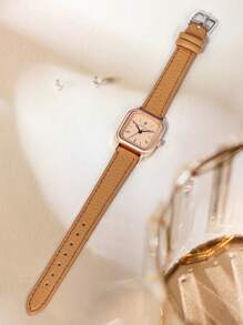 LUCKYFOX 1 件盒装女孩时尚石英表，简约小表盘，皮革表带，适合日常生活和礼物 - 卡其色 - 查看 4