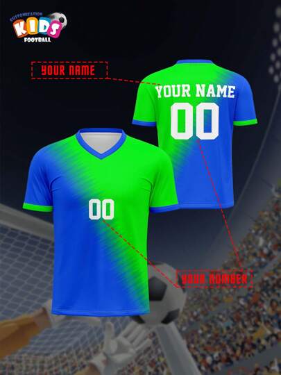 V-Neck Kids Football Jersey, Breathable Children's Quick Dry Tops For Spring/Summer, Unisex Customized With Name & Number, Comfortable, Breathable, Form-Fitting, Sports Casual Outdoor Running Blue & Green Combination
