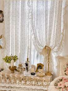 1 件浪漫复古彩虹糖豆薄纱窗帘，带荷叶边蕾丝花边 - 非常适合咖啡馆、女孩房间和卧室装饰 - 彩色 - 查看 9