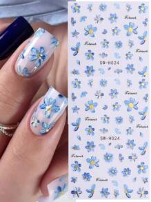 2片蓝色花卉美甲贴纸，3D水彩蓝色花朵设计美甲贴花，自粘式DIY美甲装饰 - 藍色 - 查看 2