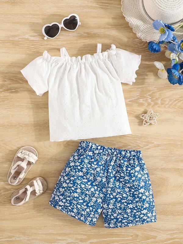Set de 2 piezas con top de tirantes de malla con estampado de diamantes y pantalones cortos florales para bebé niña, ideal para el verano