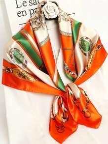 1pc 35.4inch Muslim Square Hijab Scarf, Fashionable Shawl Wrap Scarves, Luxury Printed Satin Scarf For Women, 90*90cm All Season - Orange - View 3