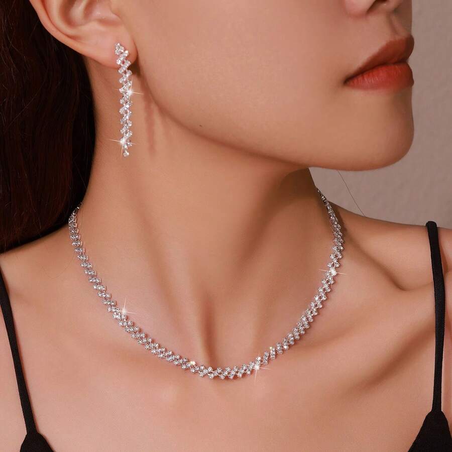 1 Bộ vòng cổ xích móng vuốt tinh tế và hoa tai dài, vòng cổ hình giọt nước, phụ kiện tiệc cưới cô dâu - Bạc - Xem 1