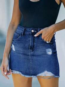 Women's Summer Denim Skirt With Pocket And Distressed Ripped Hem - Dark Wash - View 7