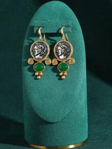 Vintage Tarnished Copper-18K Gold Plated Antique Coin Cameo Portrait Earrings With Faux Agate & Glass Crystal Beads
