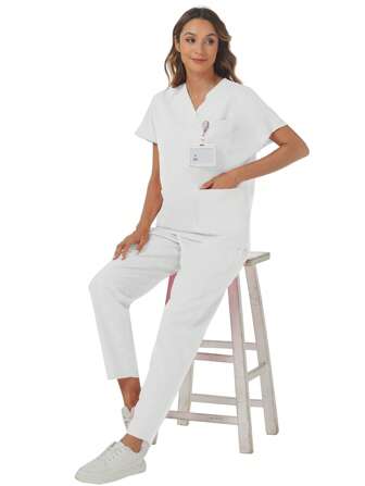 Enfärgad V-ringad kortärmad topp och byxor med resår i midjan med flera fickor, scrubs Scrub Uniform Set