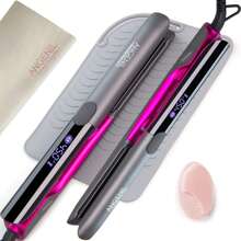 ANGENIL (EU) ANGENIL Chapinha e Modelador de Cabelo de Titânio 2 em 1, Chapinha Anti-Queimadura com Voltagem Dupla e Íons, com Esteira de Silicone Resistente ao Calor, Escovas de Limpeza Facial