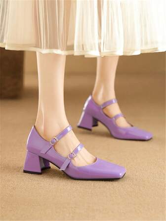 女士银色方头双扣玛丽珍鞋，高端女士鞋