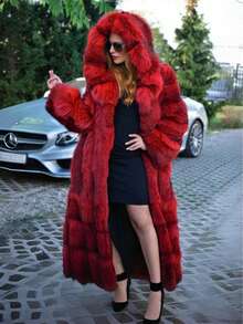 FHILLINUO 1pc Women's Faux Fur Hooded Long Coat, Oversized Loose Fit, Elegant Quality, Suitable For Holidays, Daily Wear, Travel, Tea Parties, Dates, Airports, Autumn/Winter - 酒紅色 - 查看 6