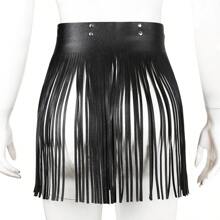 1pc Women's Fashion Fringed Skirt, Sexy Black Leather Bondage Fringe Skirt Waist Belt - Black - View 2