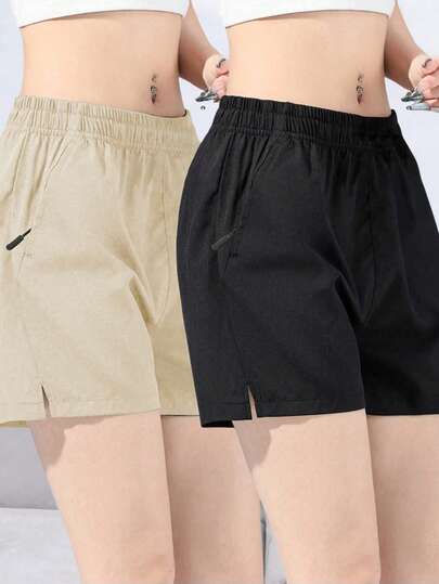2pcs/Set Tween Girls Casual Outdoor Sports Yoga Zipped Shorts, Spring/Summer/Autumn