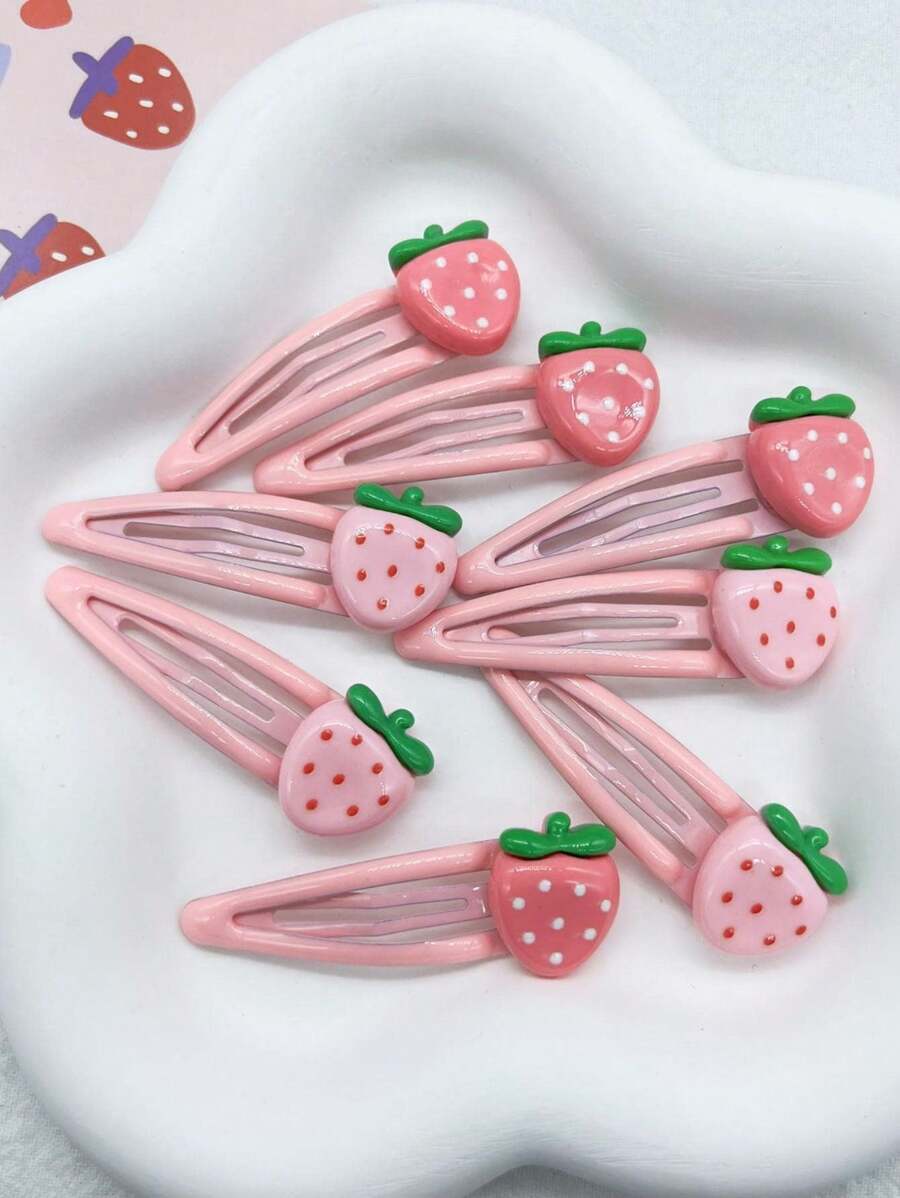 8pcs/Set Fashionable Cute Strawberry Fruit Bangs Hair Clips Claw Clips Hair Claws Hair Barrettes, Hair Accessories - 8pcs Strawberry Hair Clip Set - View 1