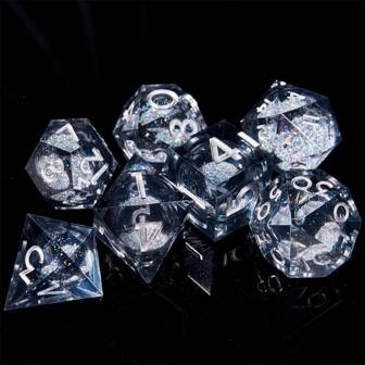 7 pièces/set Jeu de dés semi-transparents remplis de paillettes avec des bords tranchants - Conception cosmique, adapté aux jeux de rôle et aux jeux de société