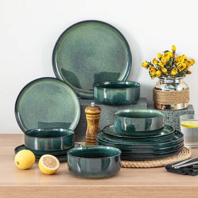 vancasso 12 Pieces Kitchen Dinnerware Set, Green Set, Stoneware Dinnerware, Plate And Bowl Set For 4 Person, Round Plate With Vertical Edge, Reactive Glazed