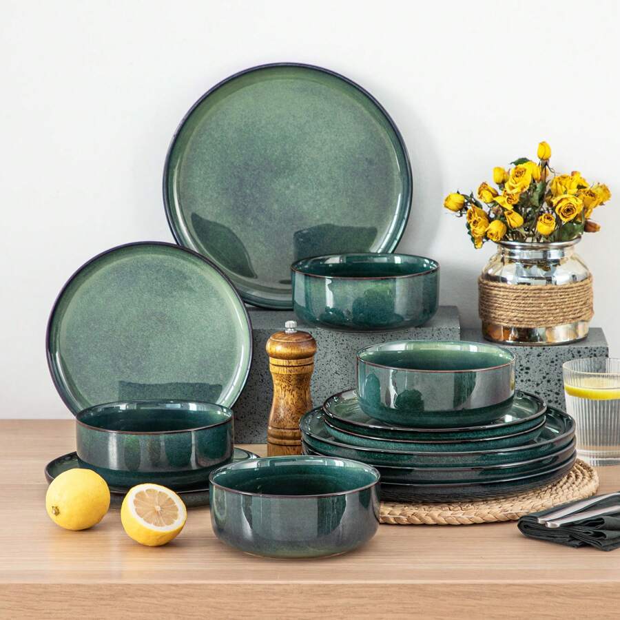 vancasso 12 Pieces Kitchen Dinnerware Set, Green Set, Stoneware Dinnerware, Plate And Bowl Set For 4 Person, Round Plate With Vertical Edge, Reactive Glazed - màu xanh lá - Xem 1