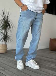 Jeans rectos clásicos para hombre con inserción de parche y bolsillos, casuales y versátiles