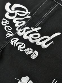 GlobeSwift 男士三叶草刺绣宽松直筒休闲嘻哈百慕大牛仔短裤 - 黑色 - 查看 6