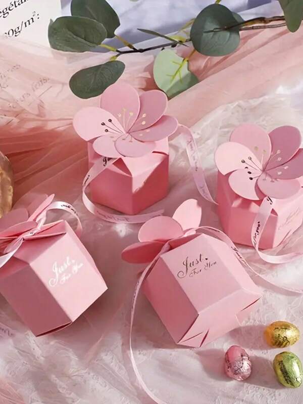10pcs Creative Flower Petal Candy Box, European Style Wedding Table Gifts Hexagonal Flower Petal Box With Ribbon, Wedding Favor Box