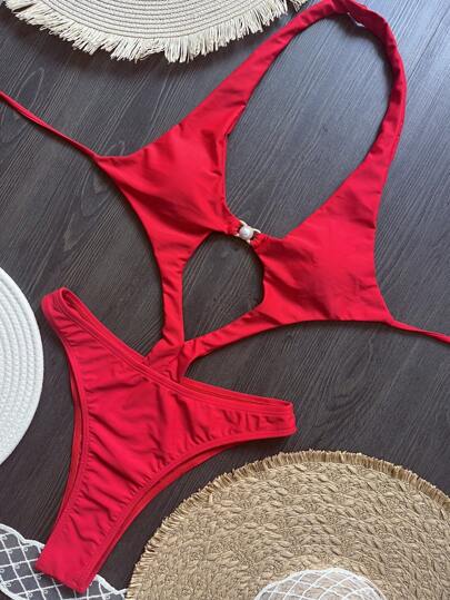 Traje de baño de una sola pieza con estilo sólido europeo y americano nuevo, embellecido con perlas para mujeres sexys