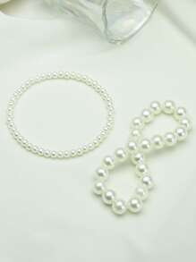 2pcs/Set Women Pearl Bead Anklet, Elastic Minimalist Chic Holiday Style Foot Jewelry, Barefoot Beach Resort Decor - White - View 4