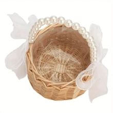 1 pièce Panier de fleur de demoiselle d'honneur en rotin fait main, panier de mariage avec poignée en perles et nœud en ruban. Parfait pour les mariages, Pâques et cadeaux de fête