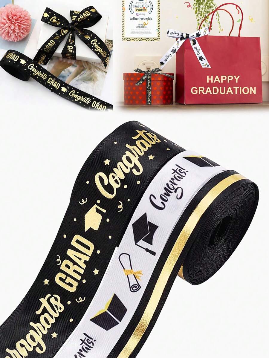 3pcs Graduation Ribbons, 2025 Ribbon Leis Congrats Grad Ribbon, 3 Styles Fabric Ribbons For Graduation Gift Wrapping, Graduation Party Decorations Supplies - Multicolor - View 1