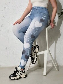 Plus Size Women Denim Effect Leggings - Blue - View 4