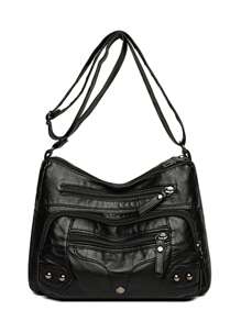 1pc Women Quilted Multi-Layer Outdoor Crossbody Bag With Rivets, Personalized Motocycle Style, Sports Vintage Shoulder Bag With Zipper Pockets For Phone & Coin