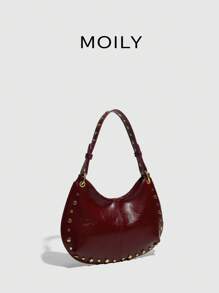 Punk Street Style Rivet Adjustable One Shoulder Crossbody Saddle Bag For Women - Burgundy - View 4