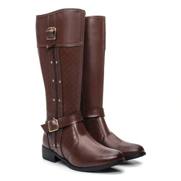 Bota Over Montaria Feminina Cano Alto Strass Fivela Zíper Lateral Lançamento bota marrom confortável elegante