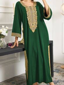 Ramadan Robe Dress, Patchwork Floral Print Trim Hem Slit Elegant Arabic Long Dress - Green - View 3