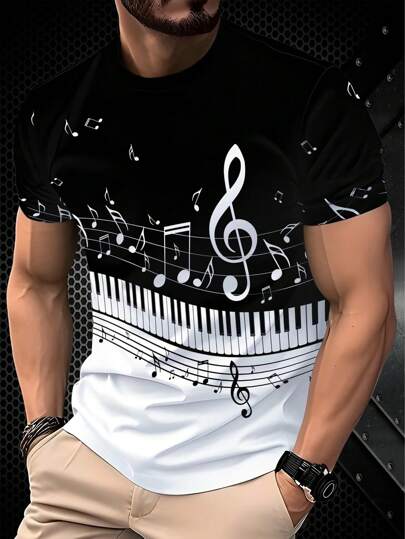 男士3D音符印花T恤 - 休闲短袖圆领，可机洗 - 黑色底，白色钢琴键和高音谱号图案