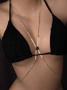 Stonefans Green Crystal Metal Chest Bracket Bra Dress Accessories Rhinestone Clothing Jewelry Sexy Body Chain Lingerie For Women